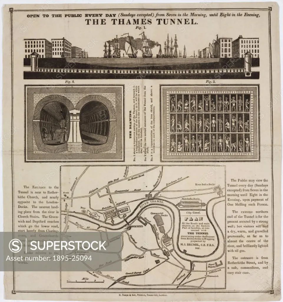 Ilustrated article encouraging readers to visit the construction site of the Thames Tunnel. The illustrations show transverse and cross section views ...