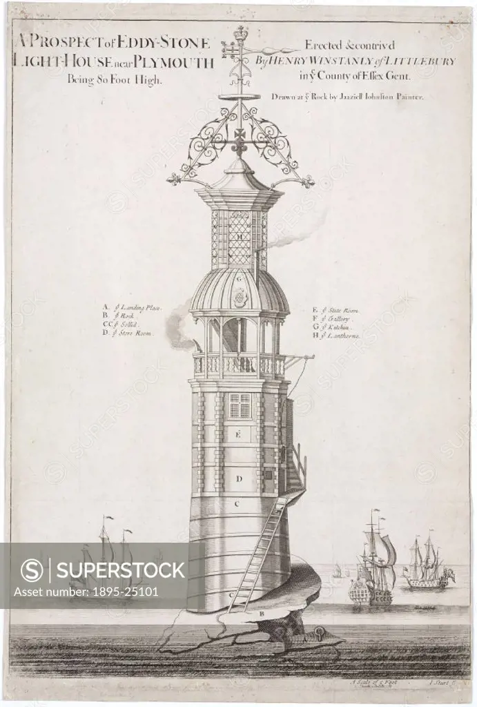 Engraving by I Sturt after a drawing by Jaaziell Johnston, showing the first lighthouse to be built on the notorious Eddystone reef, 14 miles off the ...