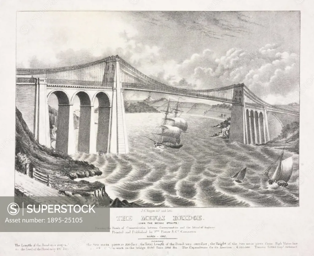 Lithograph drawn and lithographed by J C Napper showing sailing vessels passing beneath the suspension road bridge connecting the Welsh mainland with ...