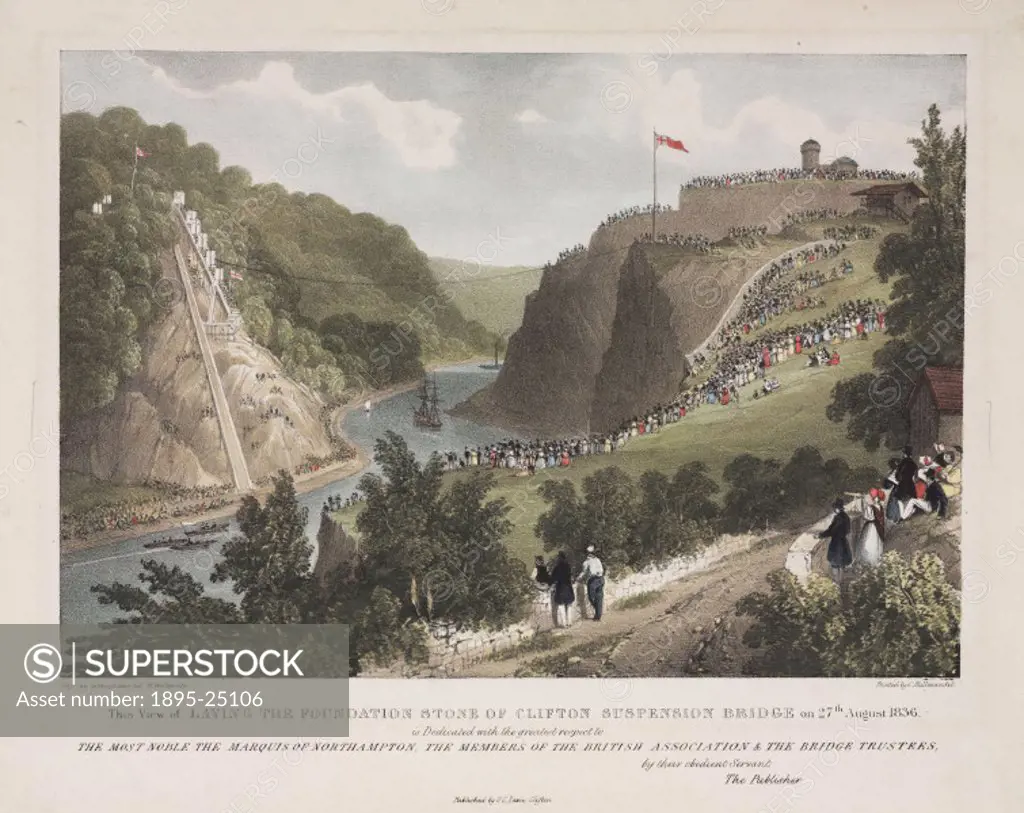 Coloured lithograph by W Walton after a drawing by Miss Gun Cunningham. Isambard Kingdom Brunel designed a bridge spanning the River Avon 245 feet abo...