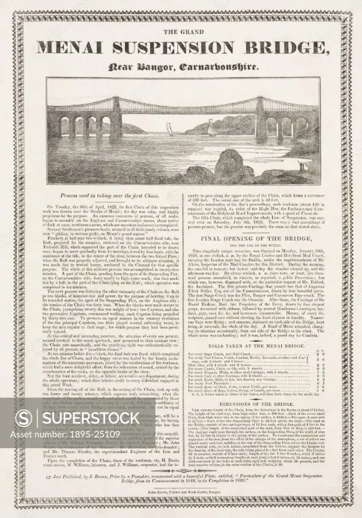 Letterpress and woodblock print, with text describing the construction and opening of the Menai Bridge. The suspension road bridge connecting the Wels...