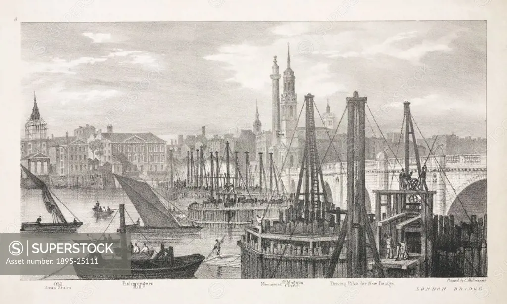 Lithograph showing the new London Bridge during construction, with various distant landmarks identified, including Old Swan Stairs, Fishmongers Hall, ...