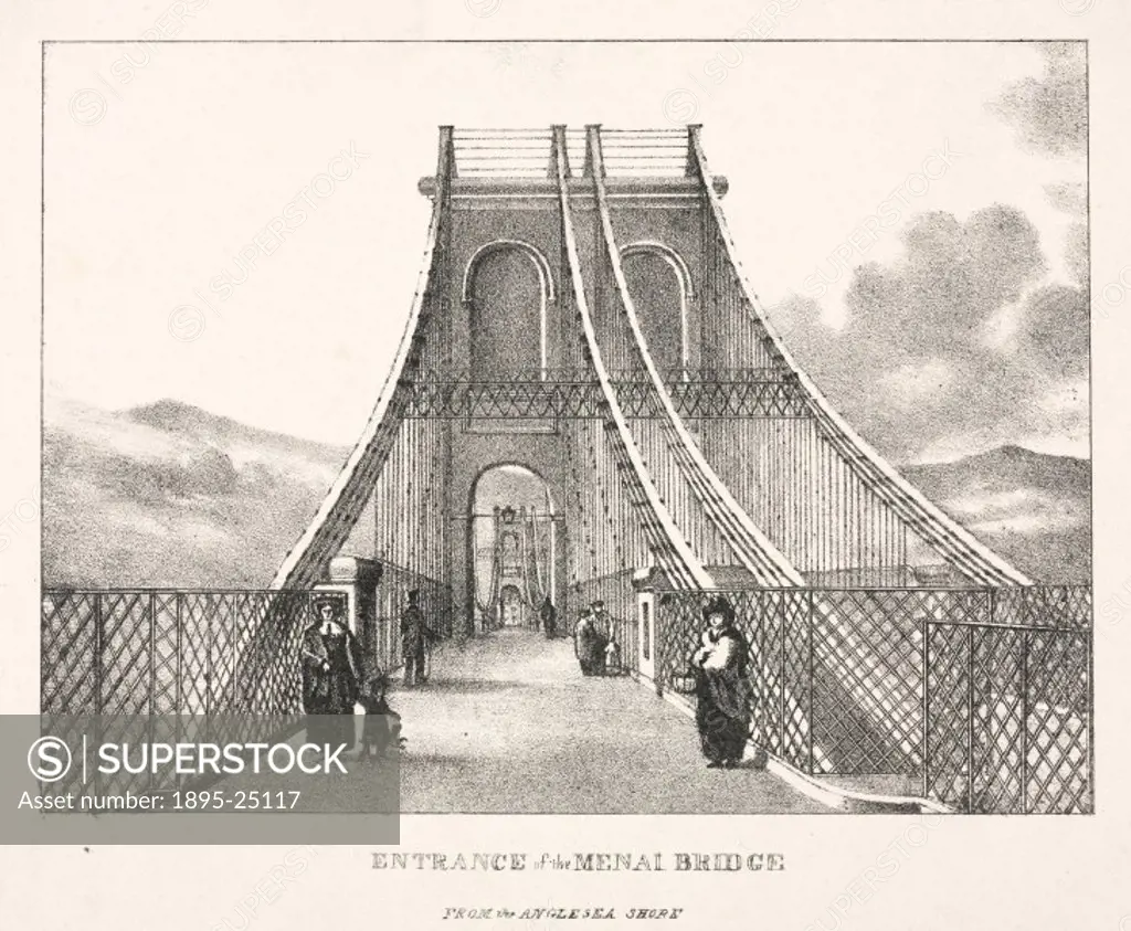 Lithograph. The suspension road bridge connecting the Welsh mainland with Anglesey across the Menai Straits was designed by Thomas Telford (1757-1834)...