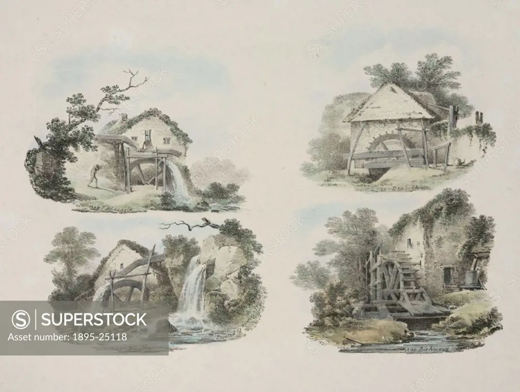 Coloured lithograph showing views of four rural watermills, taken from Francis Nicholsons ‘Lithographic Impressions of sketches from Nature.