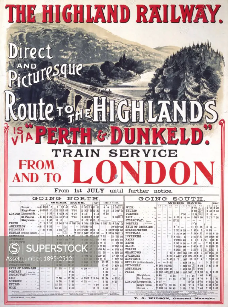 Poster produced for the Highland Railway to promote rail services on the direct and picturesque’ route to the Highlands via Perth and Dunkeld, to and...