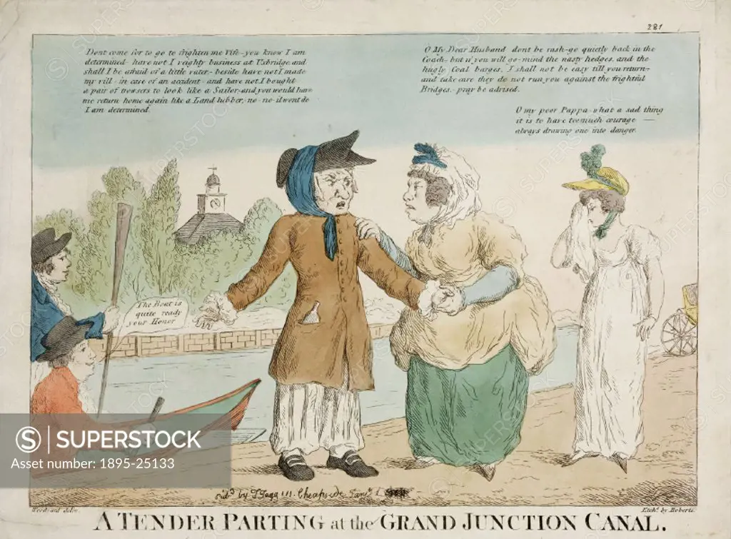 Hand-coloured etching by Roberts after an original drawn by Woodward. A satire on the perils of travelling on canals, it shows a man bravely resisting...