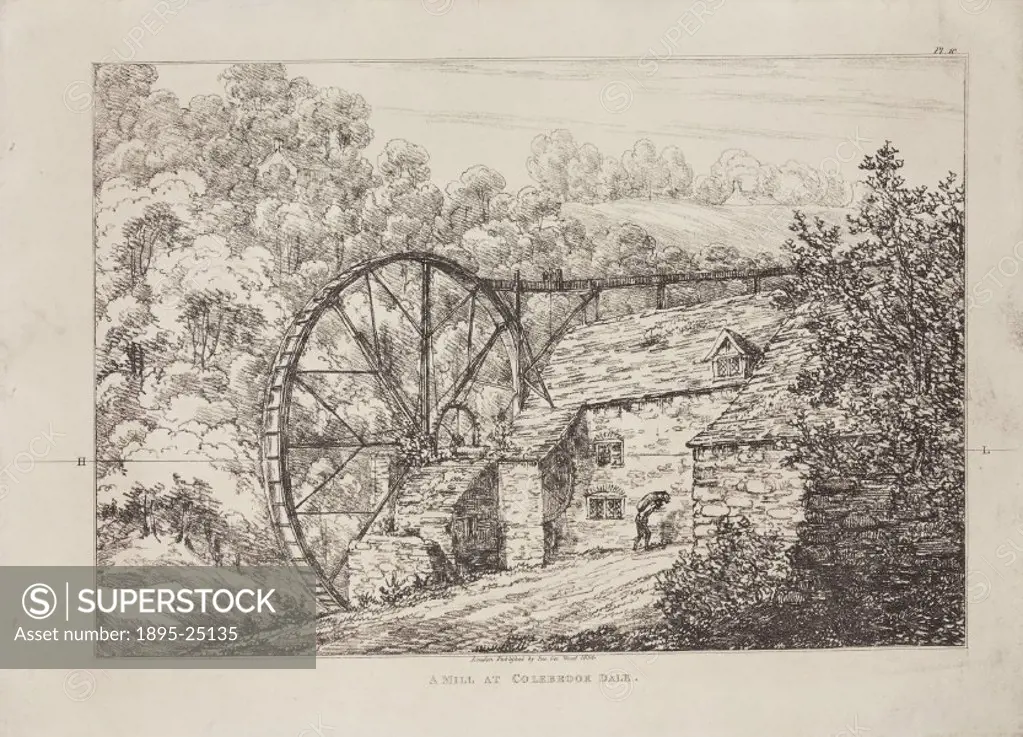 Lithograph showing a mill at Coalbrookdale in Shropshire. The combination of its reserves of coal, iron ore and the proximity of the busy River Severn...