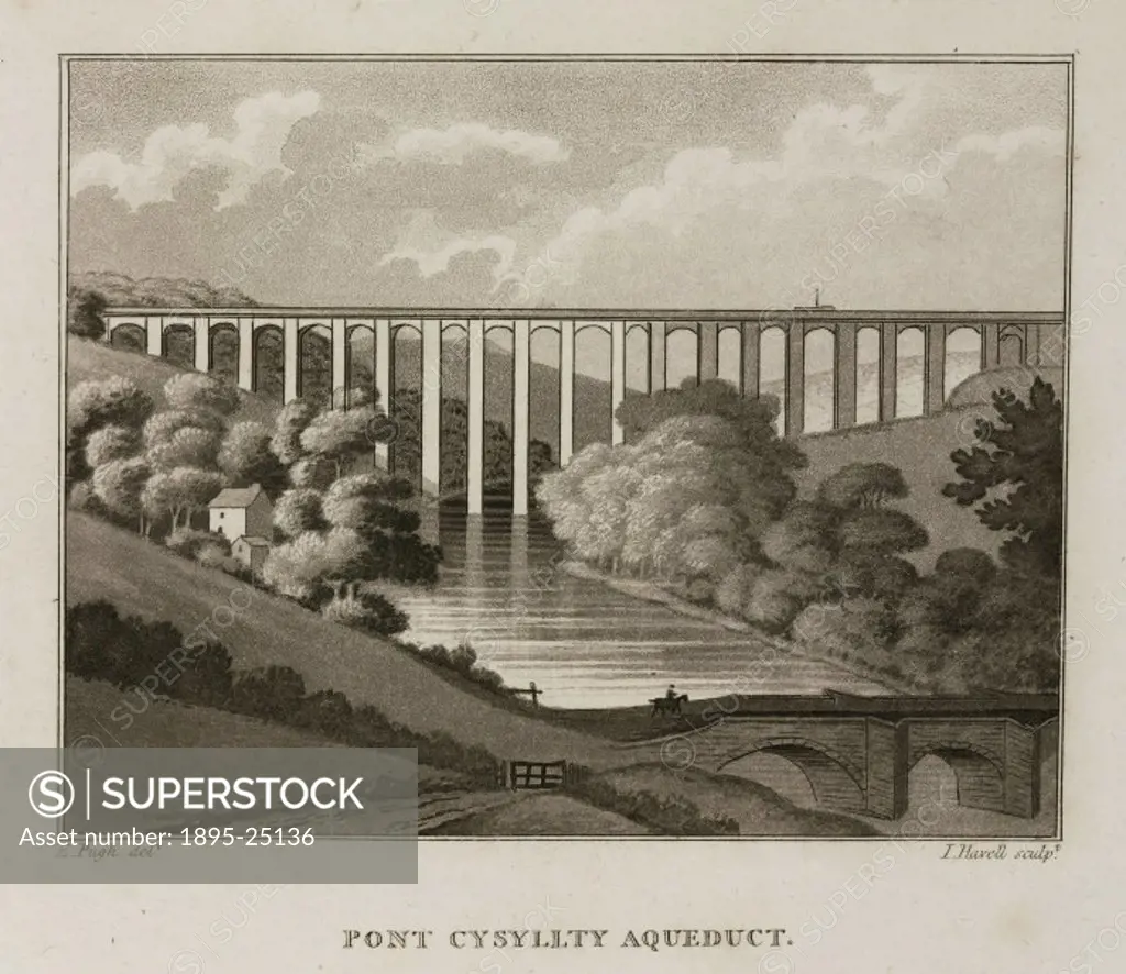 Sepia aquatint by I Havell after an original drawing by E Pugh. Pontcysyllte Aqueduct, also known as Llangollen Aqueduct was designed by the civil eng...