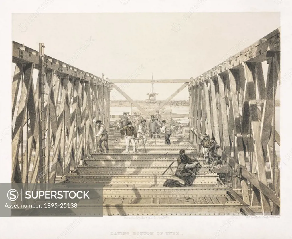 Tinted lithograph by Kell Brothers showing the construction of the Victoria Bridge at Montreal, Canada. The Victoria Bridge was built to carry the Gra...