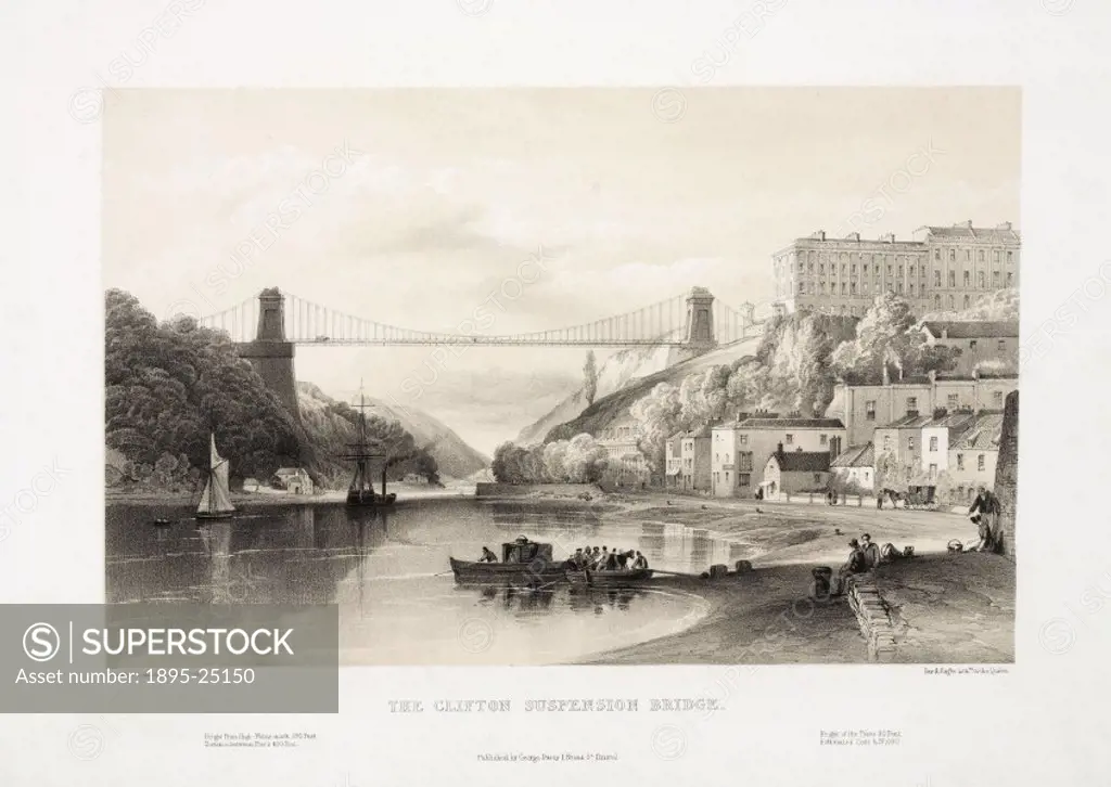 Tinted lithograph by G Hawkins after an original drawn by S Jackson. Isambard Kingdom Brunel designed a bridge spanning the River Avon 245 feet above ...