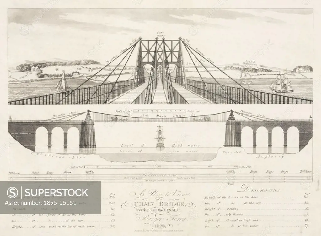 Aquatint. The suspension road bridge connecting the Welsh mainland with Anglesey across the Menai Straits was designed by Thomas Telford (1757-1834) a...