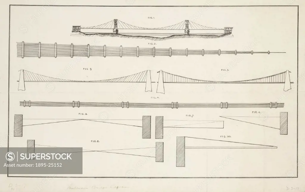 Engraving showing various designs of suspension bridge. Suspension bridges support the load of the bridge deck by means of cables. The cables are ofte...