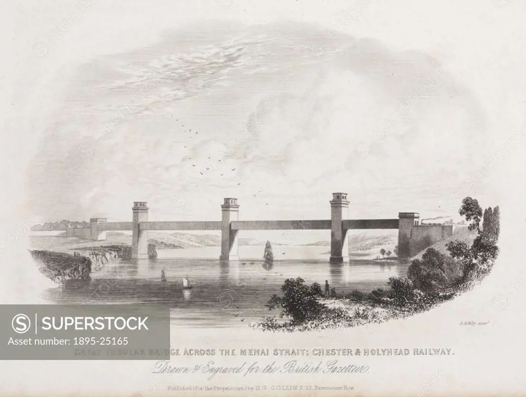 Engraving by A Ashley after an original drawing by J F Burrell. The Britannia Tubular Bridge was designed by Robert Stephenson (1803-1859) and was com...