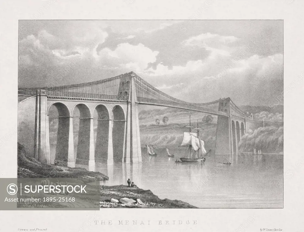 Lithograph drawn and lithographed by W Crane. The suspension road bridge connecting the Welsh mainland with Anglesey across the Menai Straits was desi...