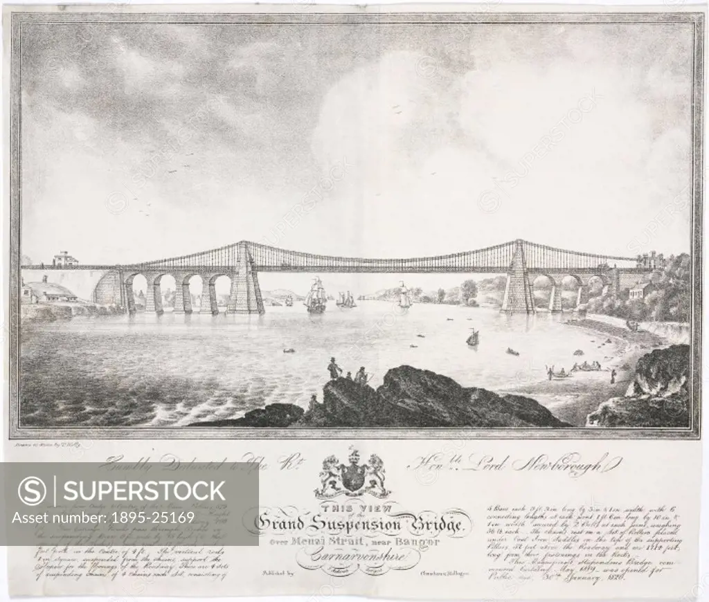 Print after an original drawing on stone by T Kelly. The suspension road bridge connecting the Welsh mainland with Anglesey across the Menai Straits w...