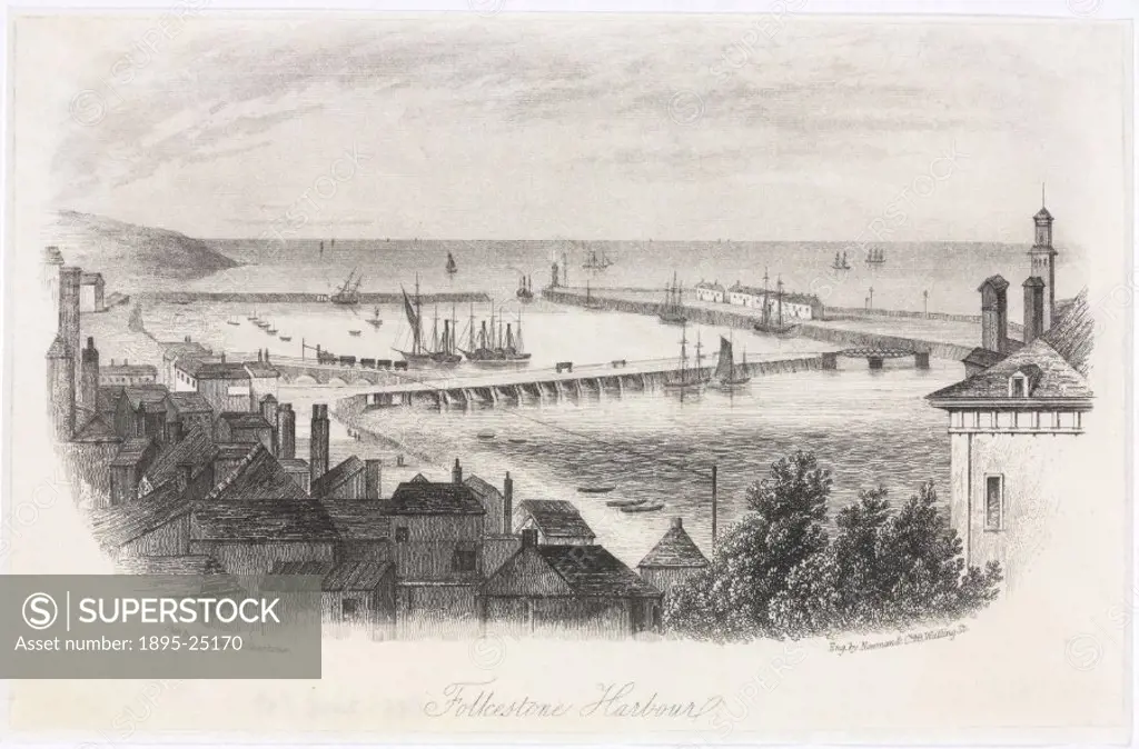 Engraving by Newman showing a view overlooking the port of Folkestone with a steam locomotive pulling a train away from the harbour. The South Eastern...