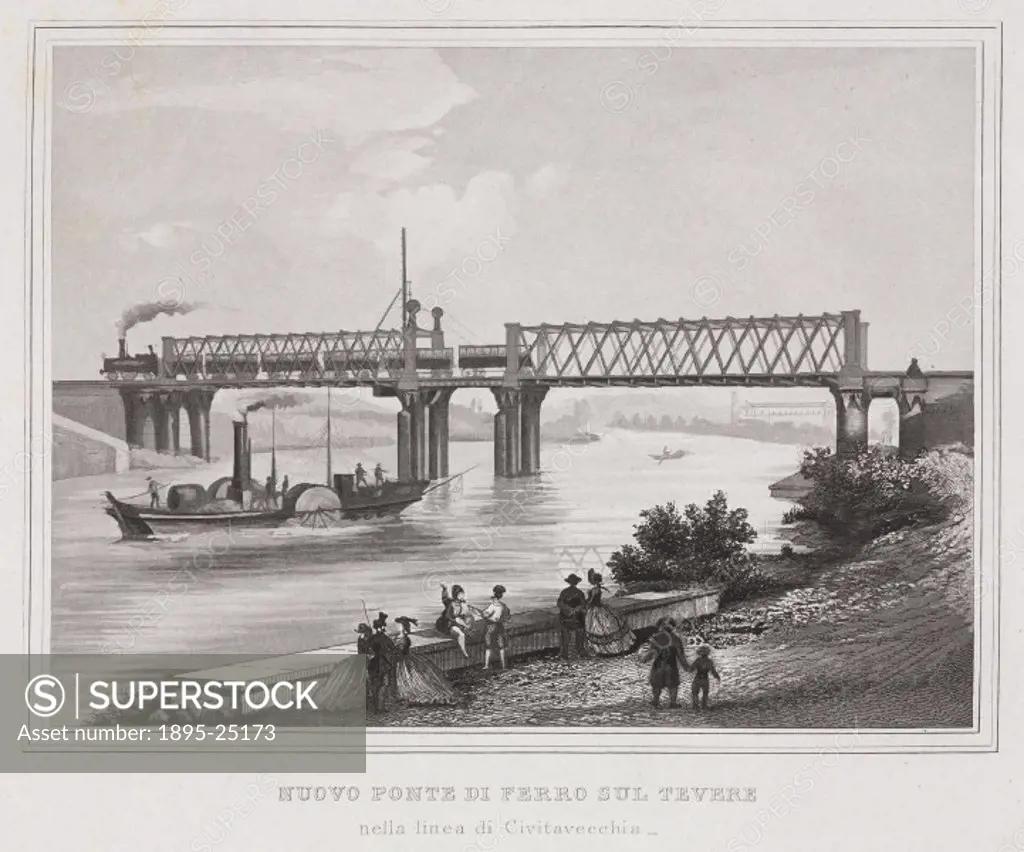 Engraving showing an iron girder bridge built in 1863 to carry the railway connecting Rome to the port of Civitavecchia across the River Tiber.