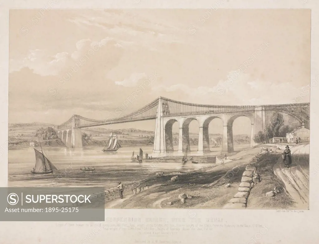 Lithograph by R K Thomas. The suspension road bridge connecting the Welsh mainland with Anglesey across the Menai Straits was designed by Thomas Telfo...
