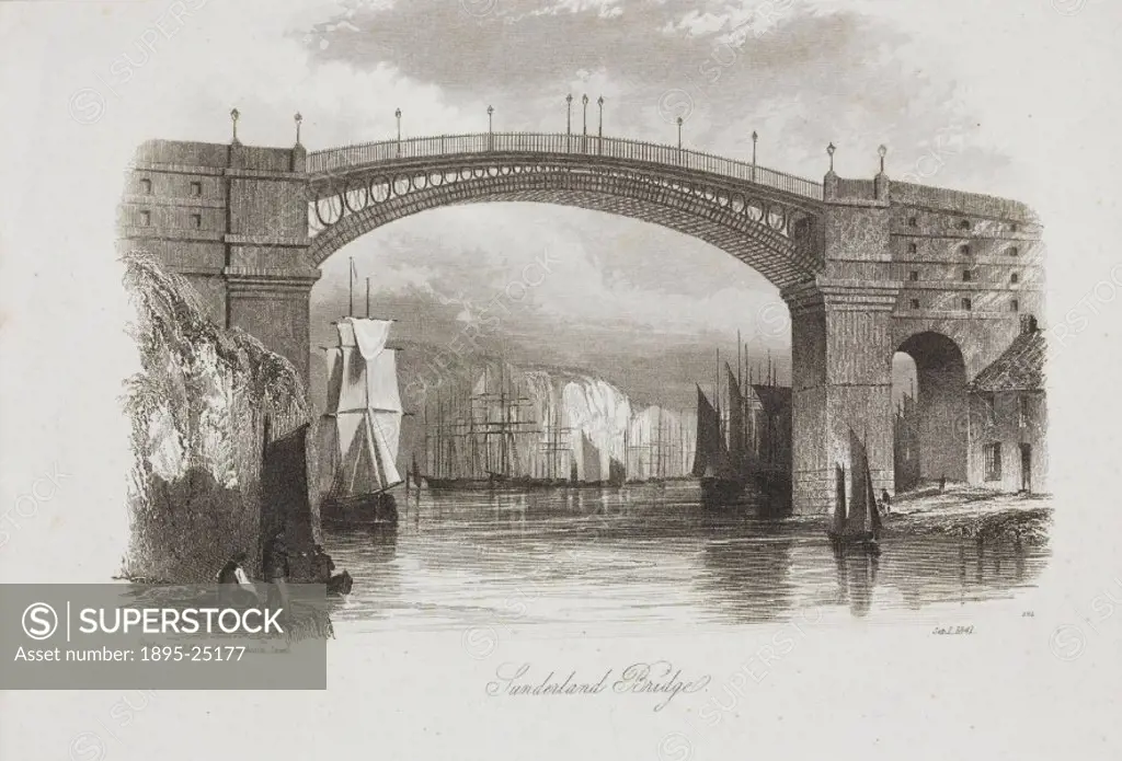 Engraving showing the Wearmouth Bridge over the River Wear at Sunderland. Built in between 1793 and 1796, upon completion this road bridge was the lon...