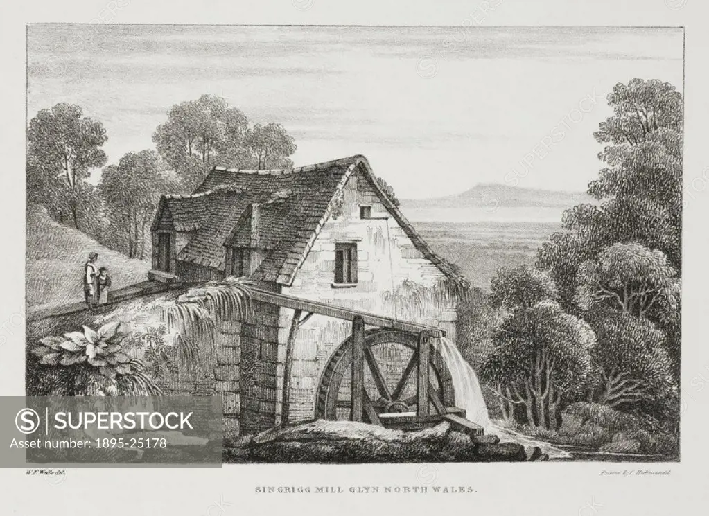 Lithograph after an original drawing by W F Wells, showing a water mill in North Wales. The mill wheel is of the overshot type where the flow of water...