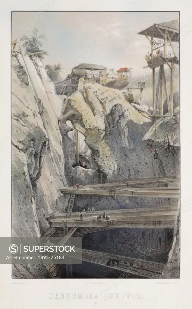 Coloured lithograph by E M Baerentzen after an original drawn by A Mayer. The Dannemora mines have been producing iron ore since the 15th century. The...