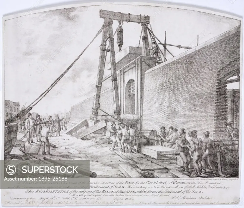 Lithograph by I Harris showing the raising into position of a large block of granite to be used as the pediment of the porch of the new Westminster Br...