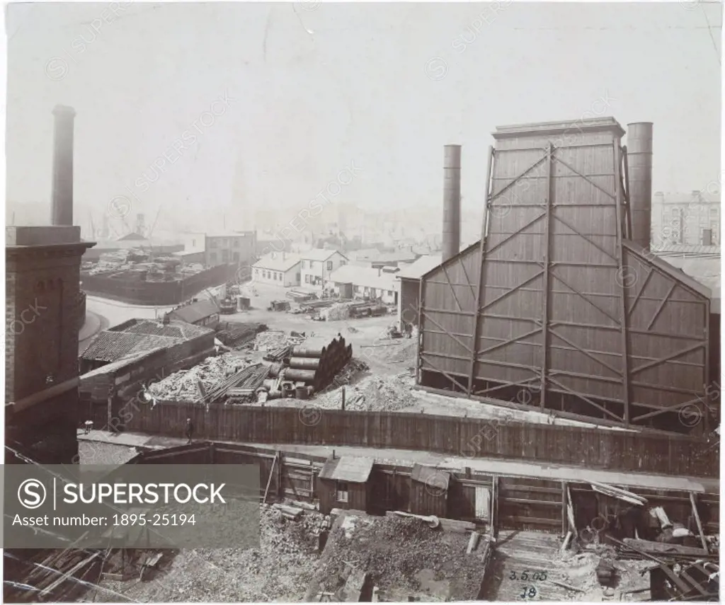 View of locality of construction works’, one of a series of 50 photographs chronicling the construction of the Rotherhithe Tunnel. The Rotherhithe Tu...