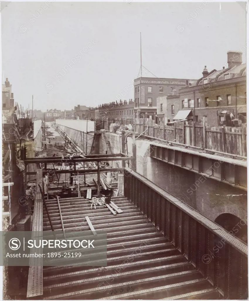 Bridge over East London Railway at Rotherhithe Station’, one of a series of 50 photographs chronicling the construction of the Rotherhithe Tunnel. Th...