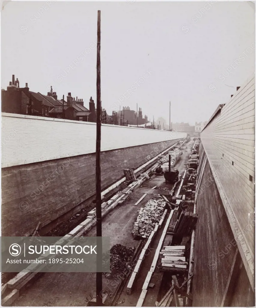 Open approach - south side’, one of a series of 50 photographs chronicling the construction of the Rotherhithe Tunnel. The Rotherhithe Tunnel passes ...