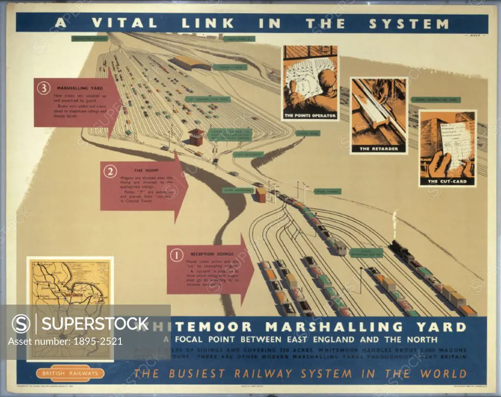 Poster produced by British Railways (BR) to promote the efficiency of Whitemoor Marshalling Yard, a focal point between East England and the North’. ...