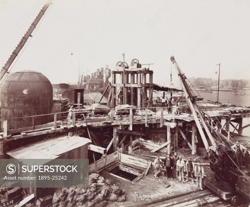 Shaft no 2 general view of works’, one of a series of photographs chronicling the construction of the Rotherhithe Tunnel. The Rotherhithe Tunnel pass...