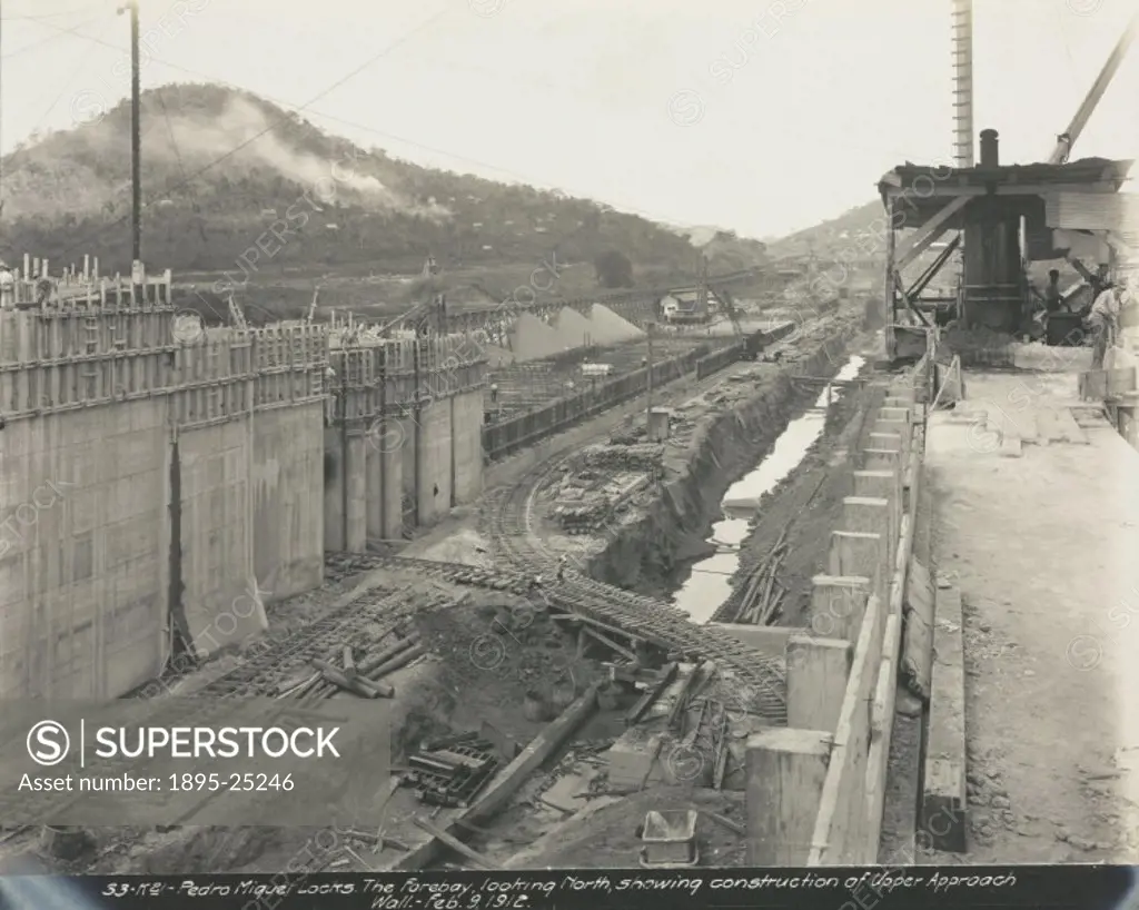 Pedro Miguel Locks. The Forebay, looking North showing construction of Upper Approach Wall’. One of a series of 12 photographs depicting the building...