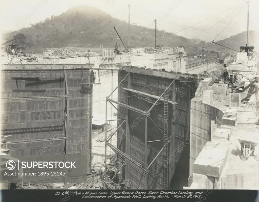 Pedro Miguel Locks. Upper Guard Gates. East Chamber Forebay, and Construction of Upper Approach Wall. Looking East’. One of a series of 12 photograph...