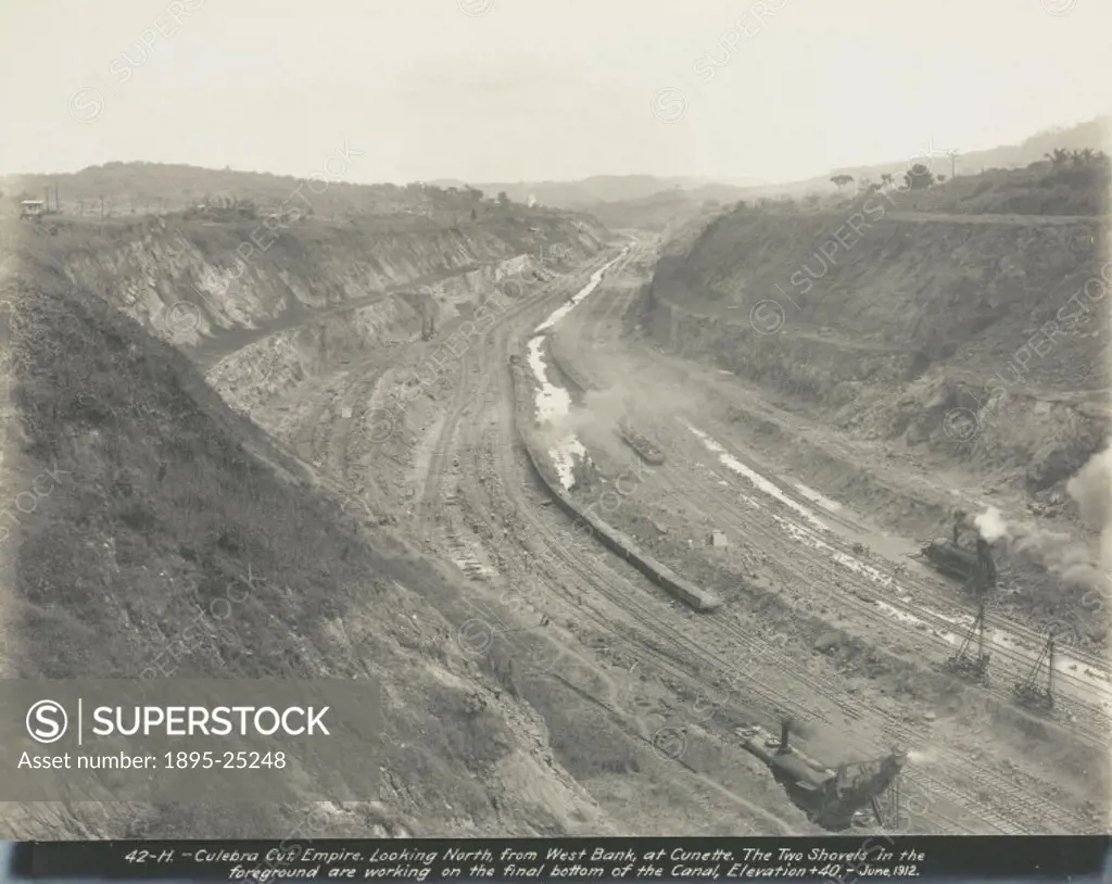 Culebra Cut, Empire. Looking North. The two Shovels in the foreground are working on the final bottom of the Canal’. One of a series of 12 photograph...
