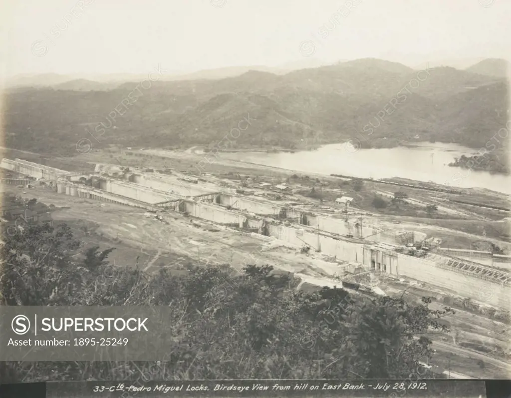 Pedro Miguel Locks. Birdseye View from hill on East Bank’. One of a series of 12 photographs depicting the building of the Panama Canal in 1912-1913....