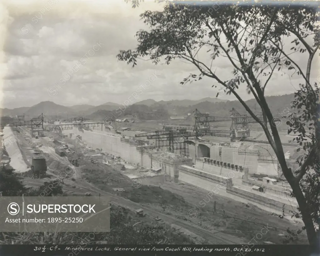 Miraflores Locks. General view from Cocoli Hill, looking north’. One of a series of 12 photographs depicting the building of the Panama Canal in 1912...