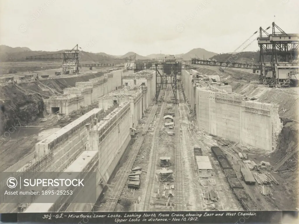 Miraflores Locks. Looking North, from Crane showing East and West Chambers. Upper Locks in distance’. One of a series of 12 photographs depicting the...