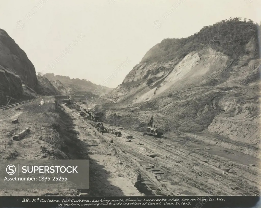 Culebra Cut, Culebra. Looking North, showing Cucaracha slide. One Million Cu Yds in motion, covering five tracks in bottom of Canal’. One of a series...
