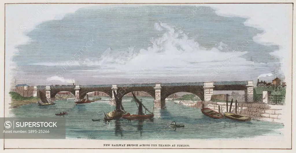 View of the River Thames with barges and steamboats, steam locomotives cross the railway bridge.