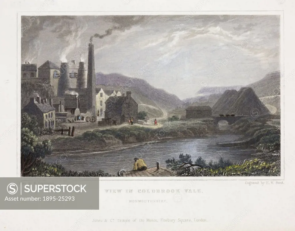 Engraving by H W Bond after H Gastineau showing an industrial landscape with a view of an iron foundry and smoking chimneys. In the foundry yard is a ...