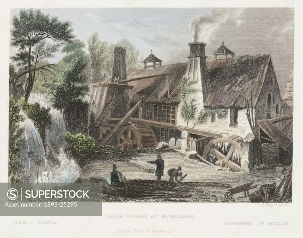 Engraving by J Shury after J Fussel showing an iron forge at Rouillon.
