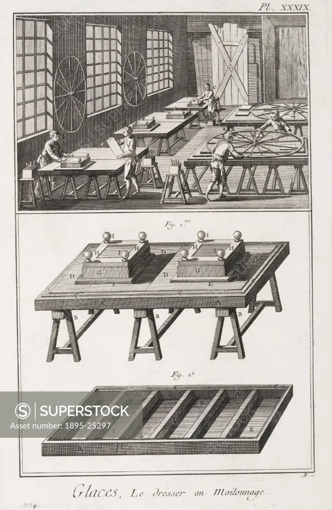 Engraving showing men working with sheet glass at large trestle tables in a glassworks. The lower illustration shows the glass-making equipment. Plate...