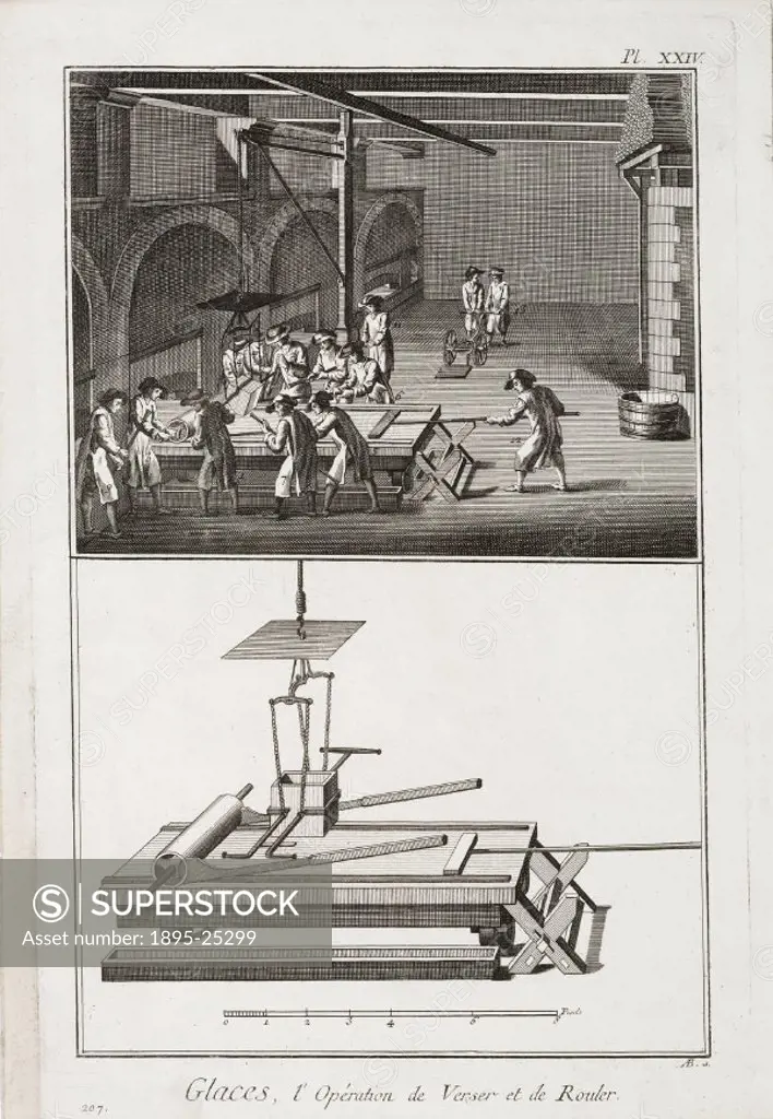 The top half of this illustration shows men pouring and rolling glass in a glassworks while the bottom half depicts the machinery used for the process...