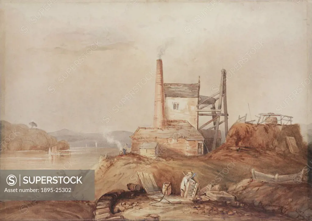 Engine house on the bank of the River Tamar, Cornwall, c 1840.