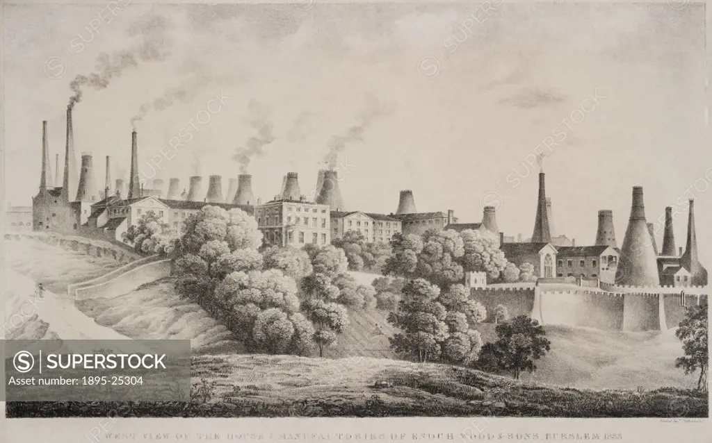 Lithograph by T Brookes showing the buildings of Enoch Wood & Sons in Burslem, Staffordshire. After working at the Brickhouse Works of Josiah Wedgwood...