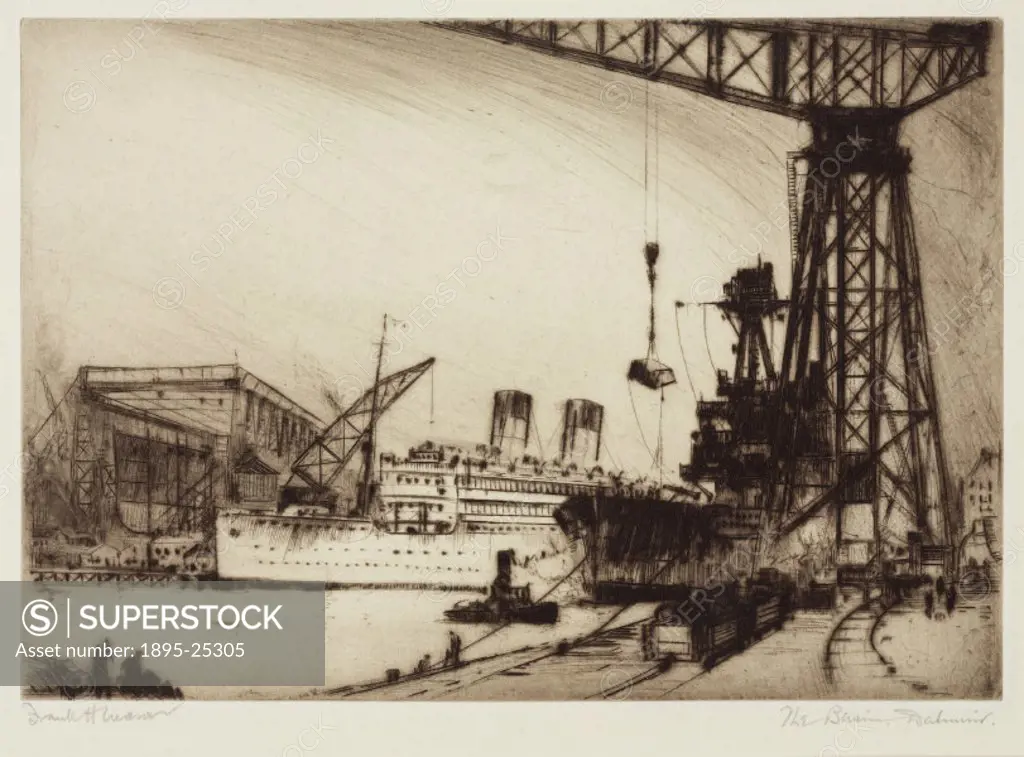 Etching by Frank H Mason of ships in the 900-foot long Dalmuir Basin at the shipyard of William Beardmore & Co Ltd. One of a series of six etchings in...