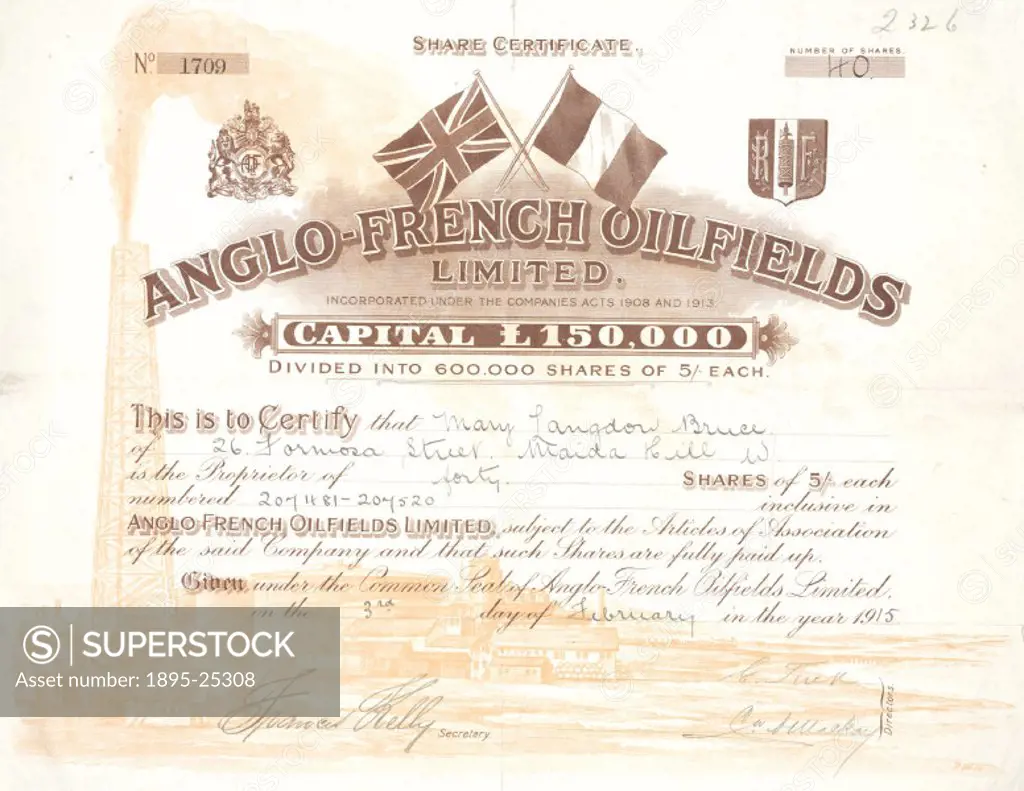 Share certificate for forty shares of the Anglo French Oilfield Ltd, made out to Mary Langdon Bruce. The top of the certificiate features the flags of...