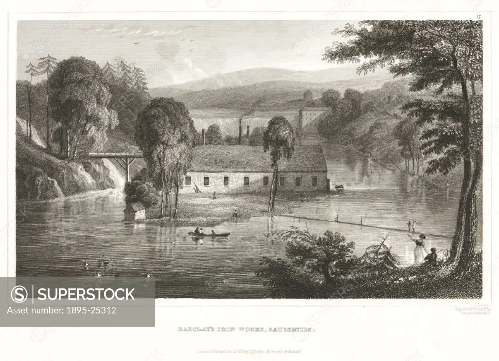 Engraving by Fenner Sears & Co after an original by G Wall showing Barclays iron works set against a landscape and surrounded by water. Men are in a s...