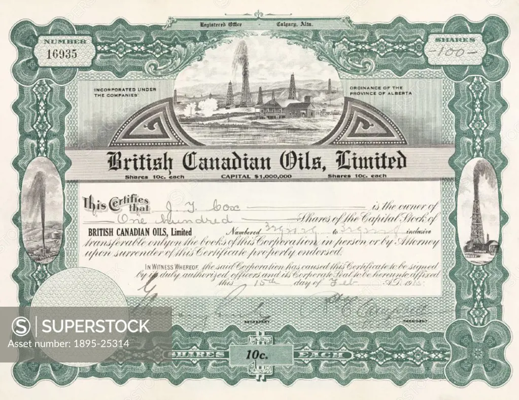 Share certificate for British Canadian Oils Ltd, 1915.