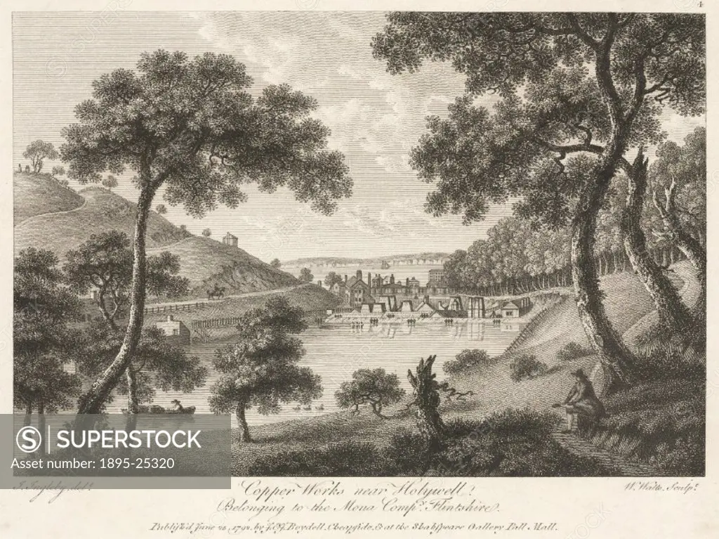 Engraving by W Watts after J Ingleby showing the buildings of the copper works in the distance with a river to the front and a large expanse of water ...